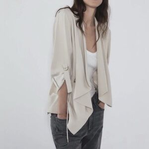 Zara Lightweight Cinch Waist Quarter Sleeve Waterfall Open Front Cream Jacket